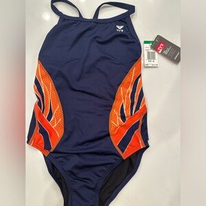 TYR Phoenix Splice navy and orange ladies swimsuit. Size 36 NWT